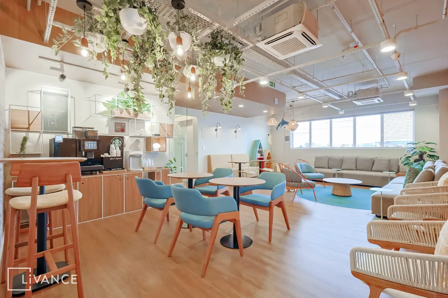 Sala de espera arejada com plantas e poltronas confortáveis
